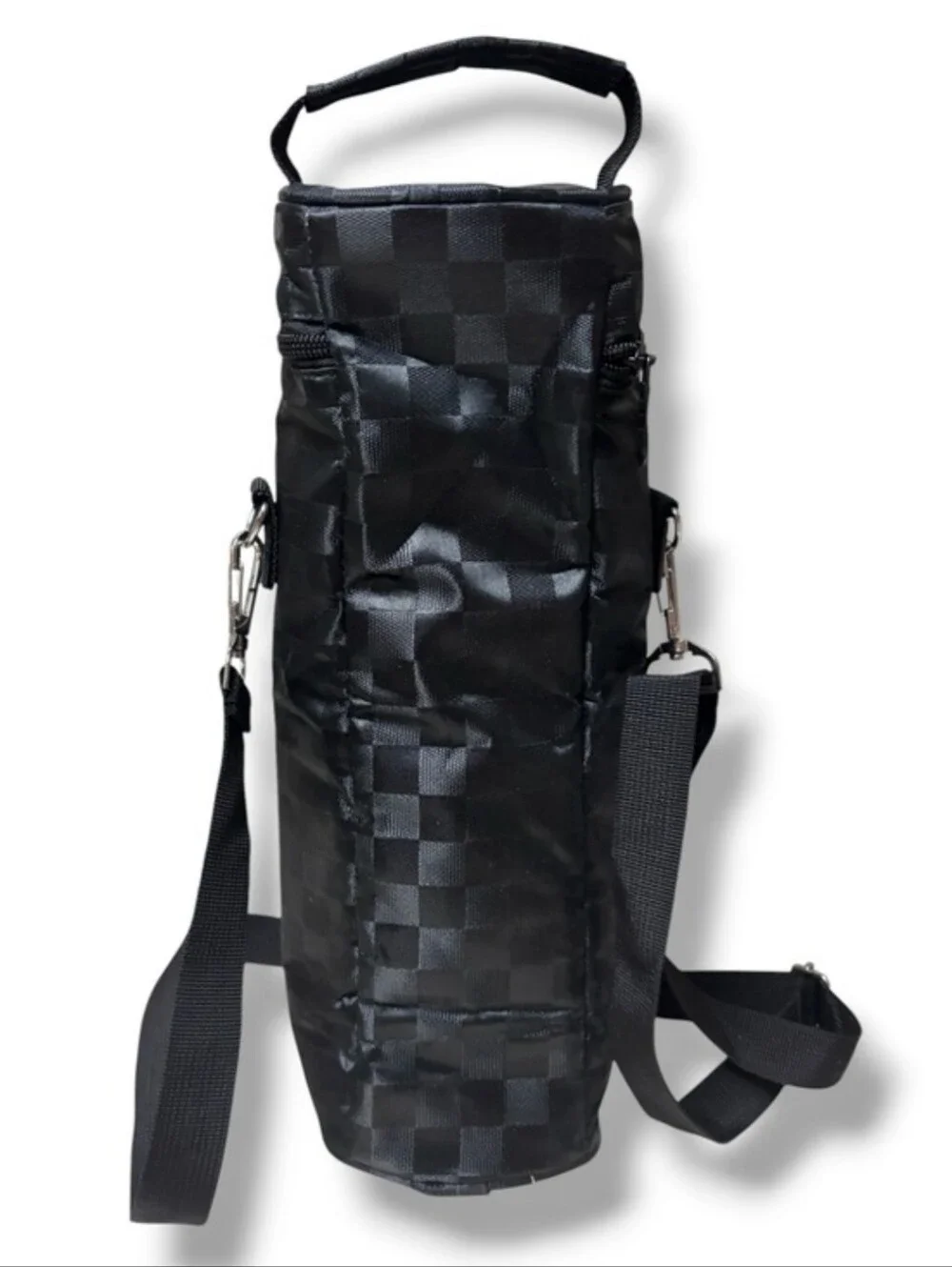 OPUX Checkered Black Insulated Wine Bottle Carrier Bag Adjustable Strap